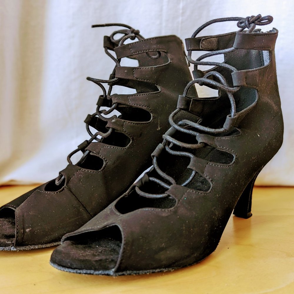 Suede Black Lace-Up Strappy Dance Heels (Size 10)
